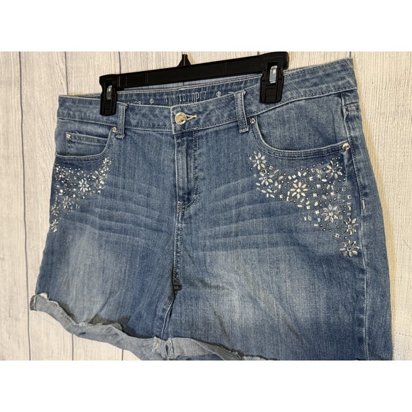JLO Pants - Jennifer Lopez Denim Boyfriend Jean Shorts  Rhinestone Accents Size 8